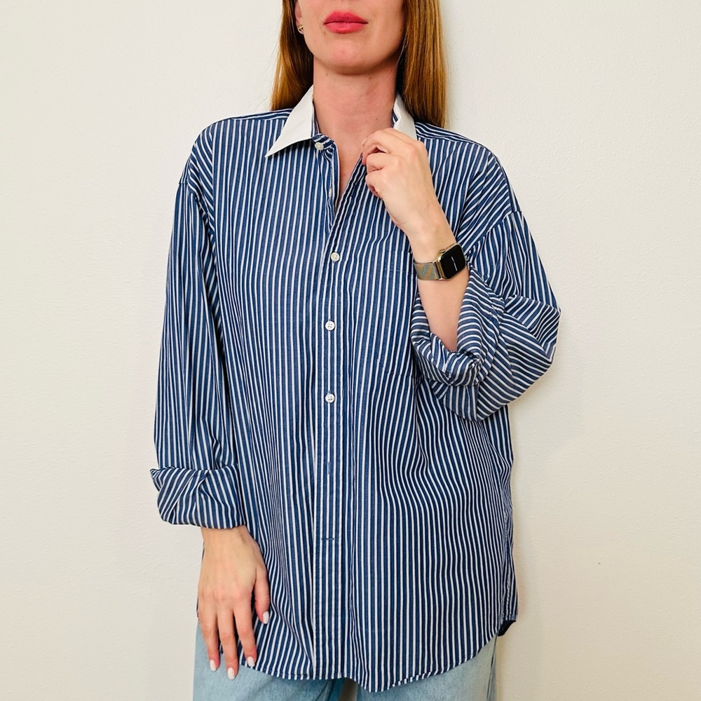 Authentic Christian Dior Striped Accent Collar Oversized Dress Cotton Shirt